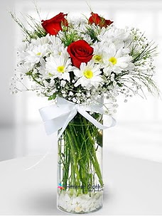 3 k�rm�z� g�l ve krizantemler camda  Ankara Sincan �i�ek yolla , �i�ek g�nder , �i�ek�i  