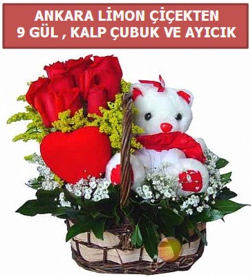 Kalp �ubuk sepette 9 g�l ve ay�c�k  Ankara Sincan �i�ek�i ma�azas�  