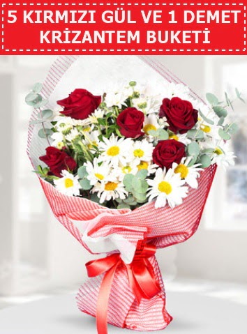 5 adet k�rm�z� g�l ve krizantem buketi  Ankara Sincan �i�ek sipari�i sitesi 
