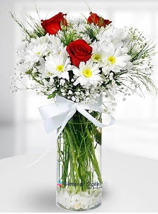 3 k�rm�z� g�l ve krizantemler camda  Ankara Sincan �i�ek yolla , �i�ek g�nder , �i�ek�i  